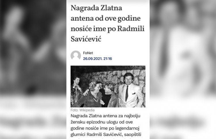 PORTAL DANAS: NAGRADA ZLATNA ANTENA OD OVE GODINE NOSIĆE IME PO RADMILI SAVIĆEVIĆ
