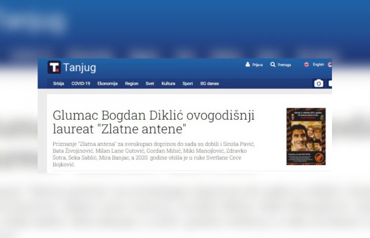 PORTAL TANJUG: BOGDAN DIKLIĆ OVOGODIŠNJI LAUREAT „ZLATNE ANTENE“
