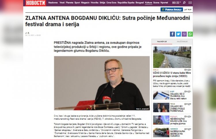 PORTAL NOVOSTI: ZLATNA ANTENA BOGDANU DIKLIĆU: SUTRA POČINJE MEĐUNARODNI FESTIVAL DRAMA I SERIJA