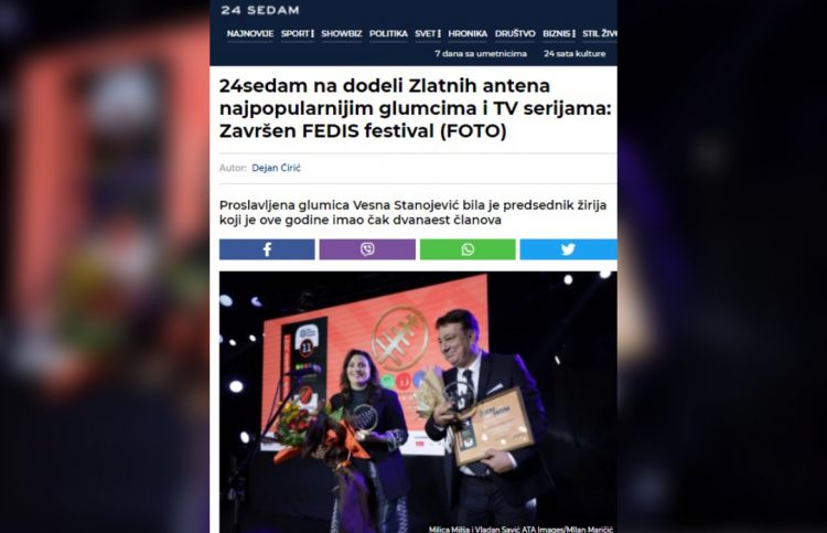 24SEDAM NA DODELI ZLATNIH ANTENA NAJPOPULARNIJIM GLUMCIMA I TV SERIJAMA: ZAVRŠEN FEDIS FESTIVAL