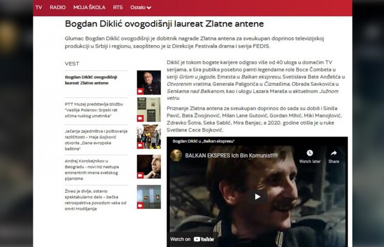 RTS: BOGDAN DIKLIĆ OVOGODIŠNJI LAUREAT ZLATNE ANTENE