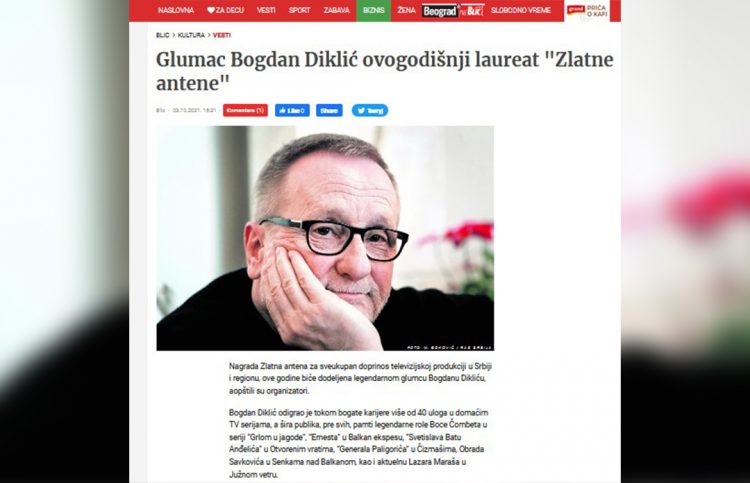 PORTAL BLIC: GLUMAC BOGDAN DIKLIĆ OVOGODIŠNJI LAUREAT „ZLATNE ANTENE“